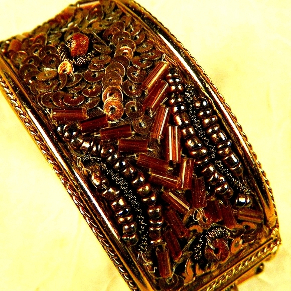 Vintage Beaded Hinged Cuff Bracelet Gold Boho Festival Statement Jewelry